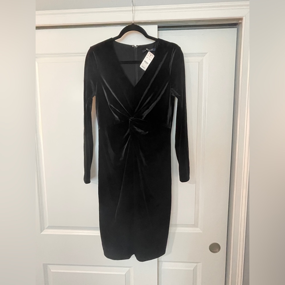 Brooks Brothers Black Velvet Long Sleeve Twist Front Dress